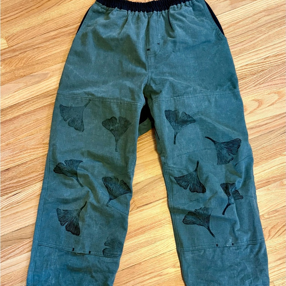 Handmade Green Pants with Black Leaf Design